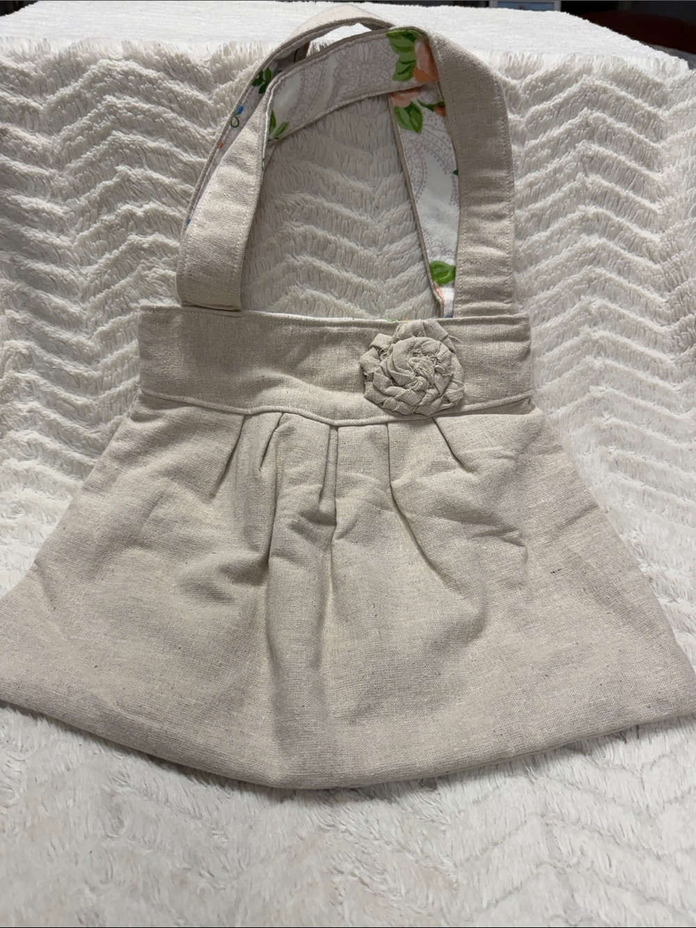 HANDMADE Ecru Muslin Tote with Braided Rosette Accent, Floral Lining NEW